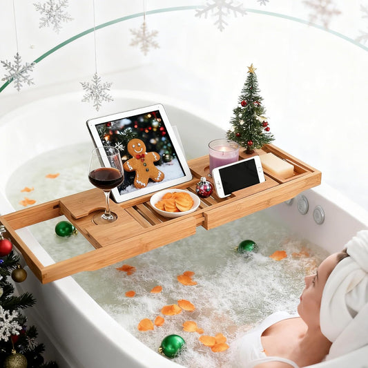 Bamboo Bathtub Caddy Tray Bath Tray for Tub, Adjustable Bathroom Bathtub Organizer with Book Tablet Wine Glass Cup Towel Holder